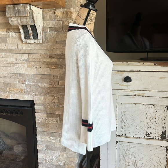 Cabi Ace pullover cream knit vneck sweater bell sleeve red blue stripe side slit - Picture 9 of 16